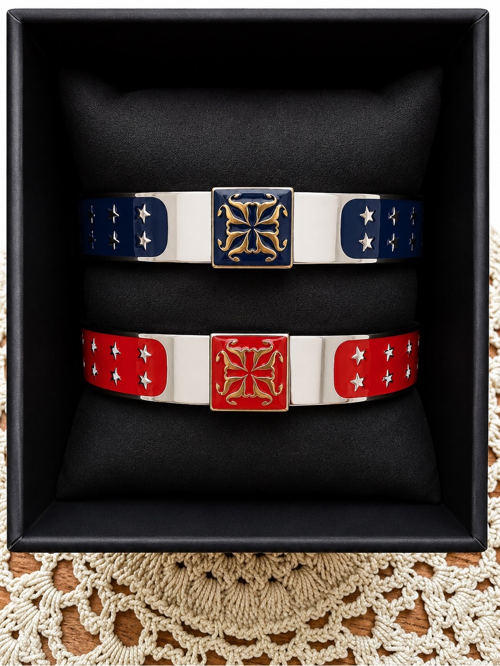 Rustic Cuff Enamel Hinged Bracelet Set - Blue & Red